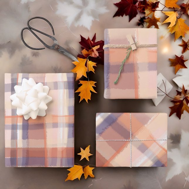 Fall tartan plaid beige orange plum check modern  wrapping paper sheets (Creator Uploaded)
