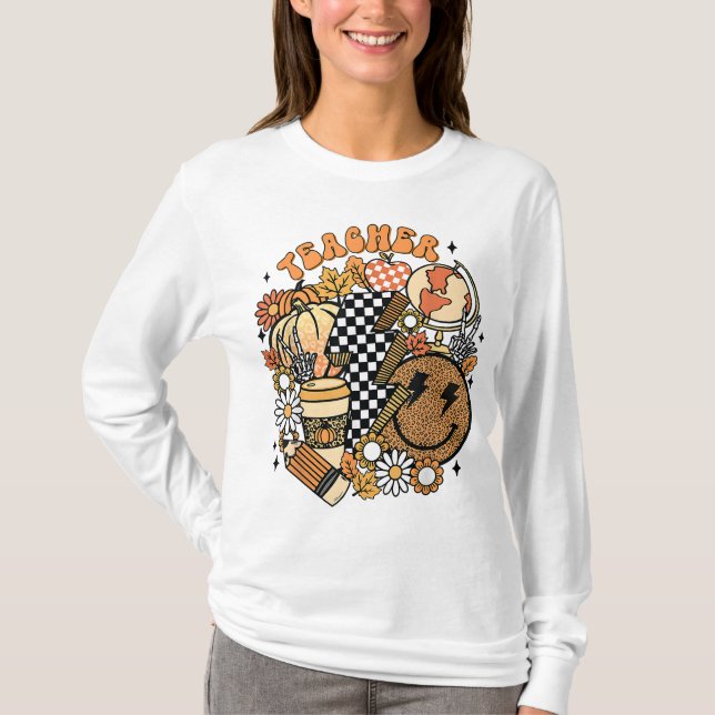 Fall Teacher Retro Teacher Life Autumn Thanksgivin T-Shirt (Front)