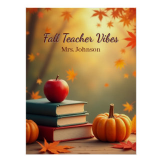 Fall Teacher Vibes Poster – Autumn Books & Pumpkin