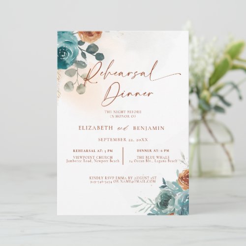 Fall Teal Burnt Orange Boho Wedding Rehearsal Invitation