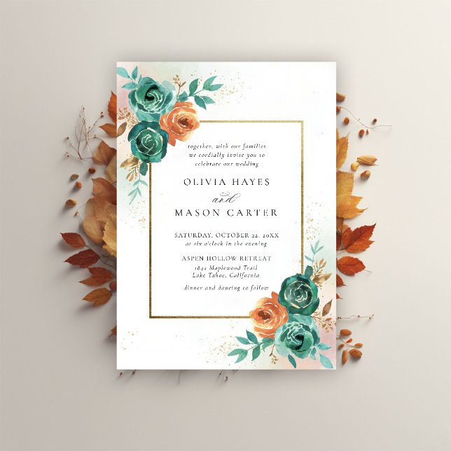 Fall Teal Burnt Orange Botanical Frame Wedding Invitation (fall wedding invitation teal burnt orange terracotta watercolor floral botanical earthy nature gold )