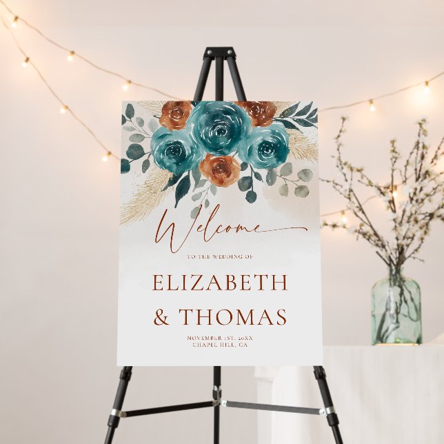 Fall Teal Burnt Orange Elegant Wedding Welcome Foam Board (In Situ (Stand))