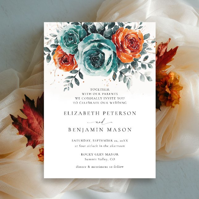 Fall Teal Burnt Orange Floral Romantic Wedding Invitation (fall wedding invitation teal burnt orange terracotta watercolor floral botanical modern elegant)