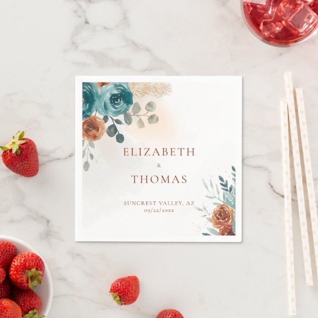 Fall Teal Burnt Orange Roses Watercolor Greenery Napkins (Insitu)