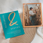 Fall teal orange ampersand names photo wedding invitation<br><div class="desc">Modern chic fall autumn gold,  teal and blush pink with an  ampersand names photo wedding on editable teal. A simple,  modern and minimalist wedding invitation. All colors are editable.</div>