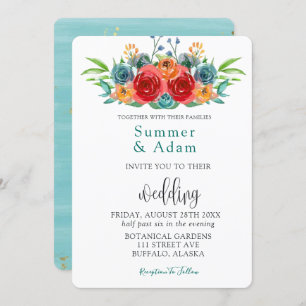 Fall Teal Red Orange Watercolor Roses Wedding Invi Invitation