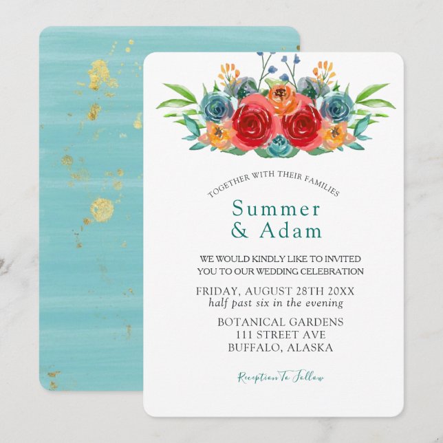 Fall Teal Red Orange Watercolor Roses Wedding Invitation (Front/Back)