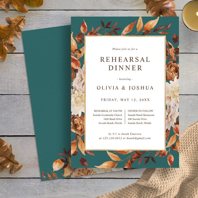 Fall Teal Rehearsal Dinner Invitation (Elegant Fall Leaves Teal Rehearsal Dinner Invitation by Painted Paperie
)
