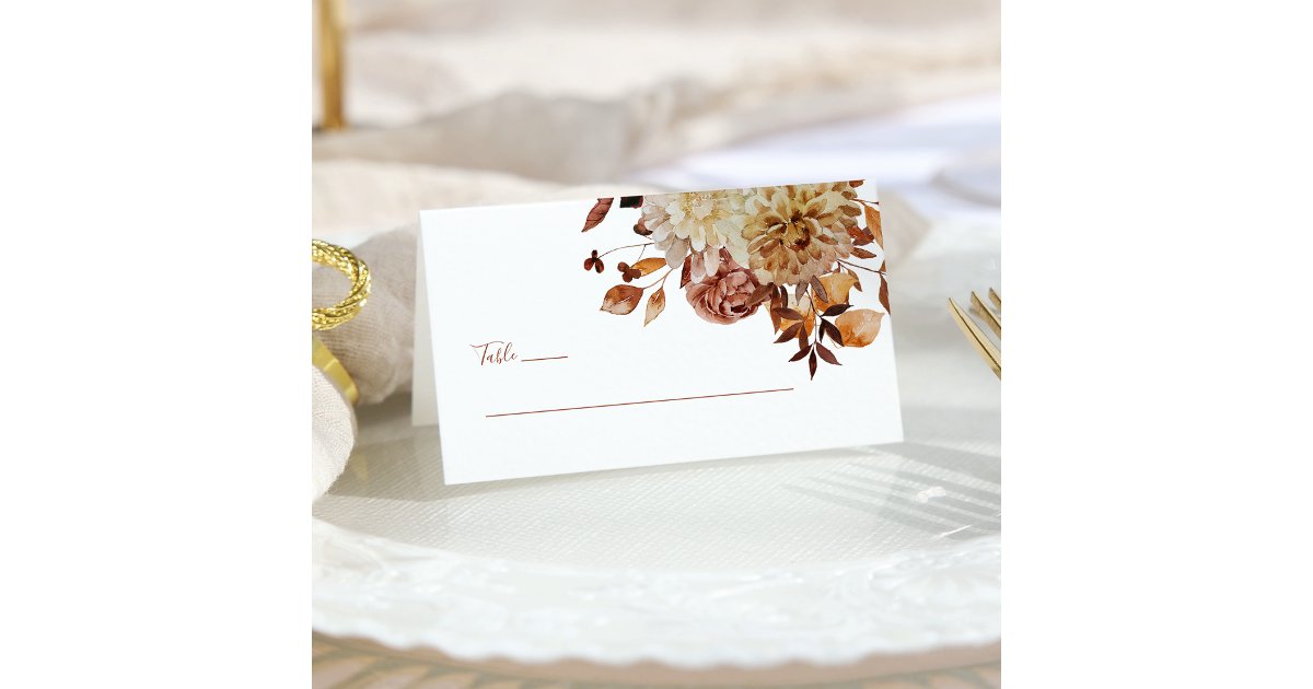 Fall Teal Terracotta Watercolor Floral Wedding Place Card | Zazzle