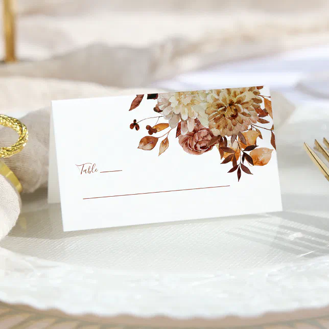 Fall Teal Terracotta Watercolor Floral Wedding Place Card | Zazzle