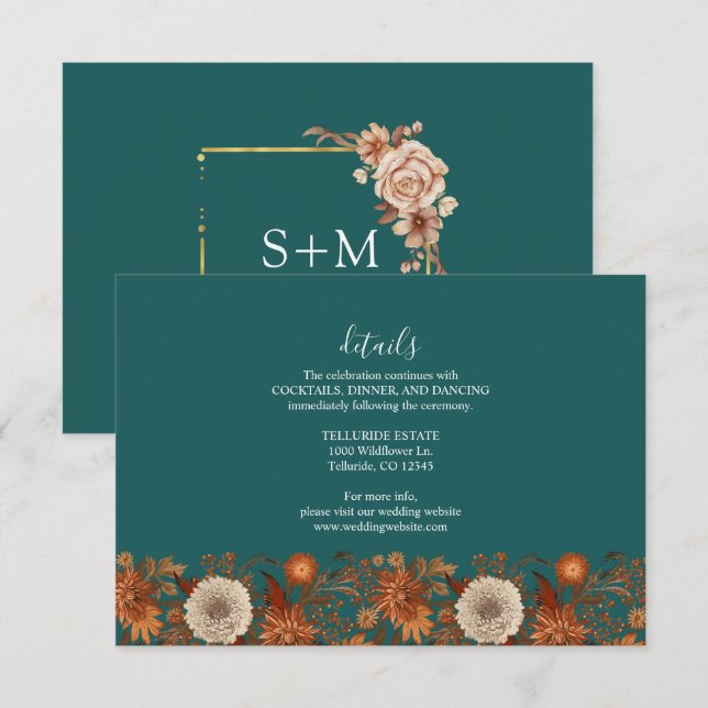 Fall Teal Watercolor Terracotta Floral wedding Enclosure Card