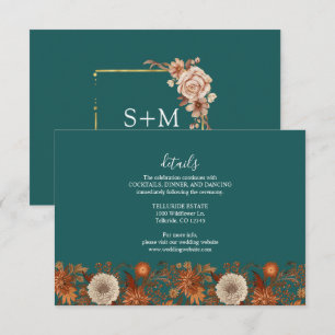 Fall Teal Watercolor Terracotta Floral wedding Enclosure Card