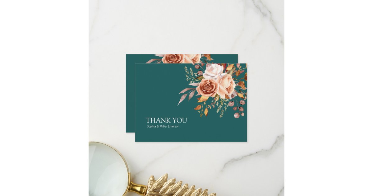 Fall Teal Watercolor Terracotta Floral wedding Thank You Card | Zazzle