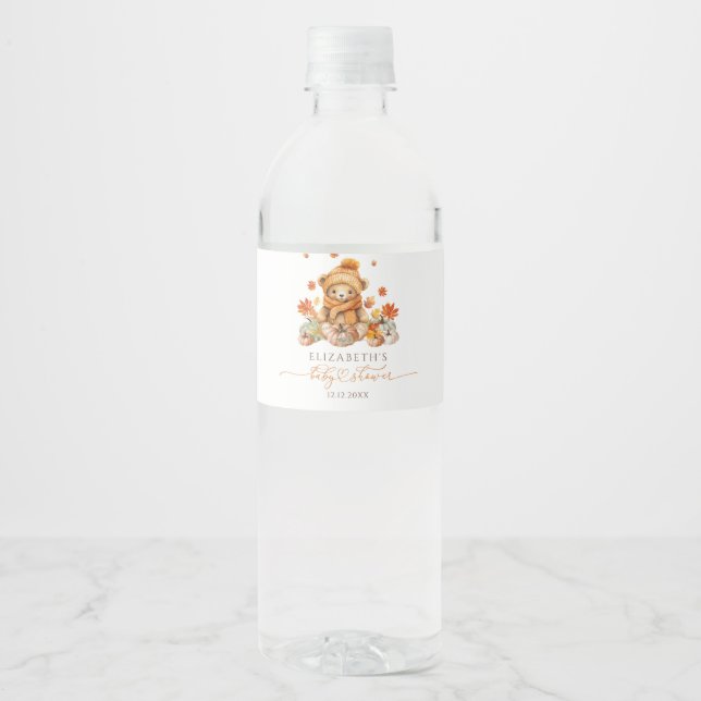 Fall Teddy Bear and Pumpkins Baby Shower Water Bottle Label (Front)