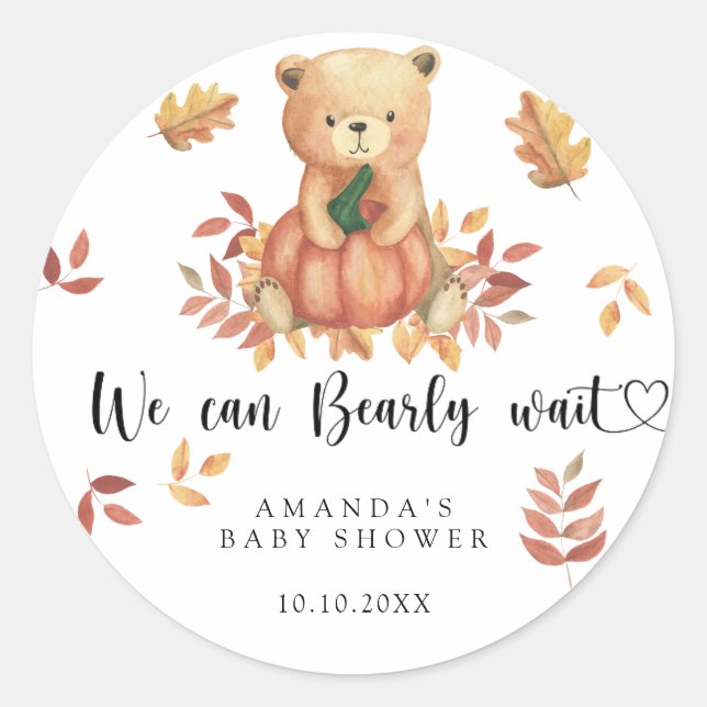 Fall teddy bear Baby Shower Classic Round Sticker (Front)