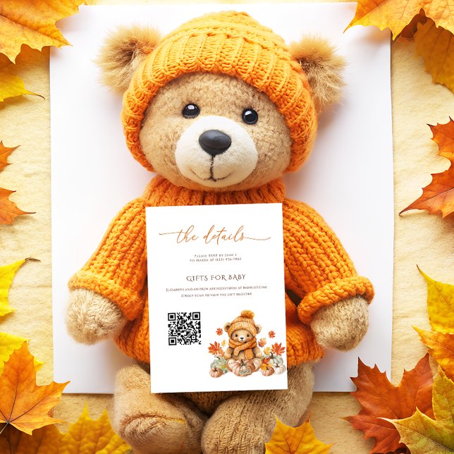 Fall Teddy Bear Baby Shower Details qrcode Enclosure Card (Creator Uploaded)