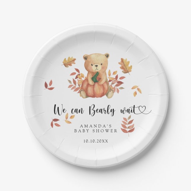 Fall teddy bear Baby Shower Paper Plates (Front)
