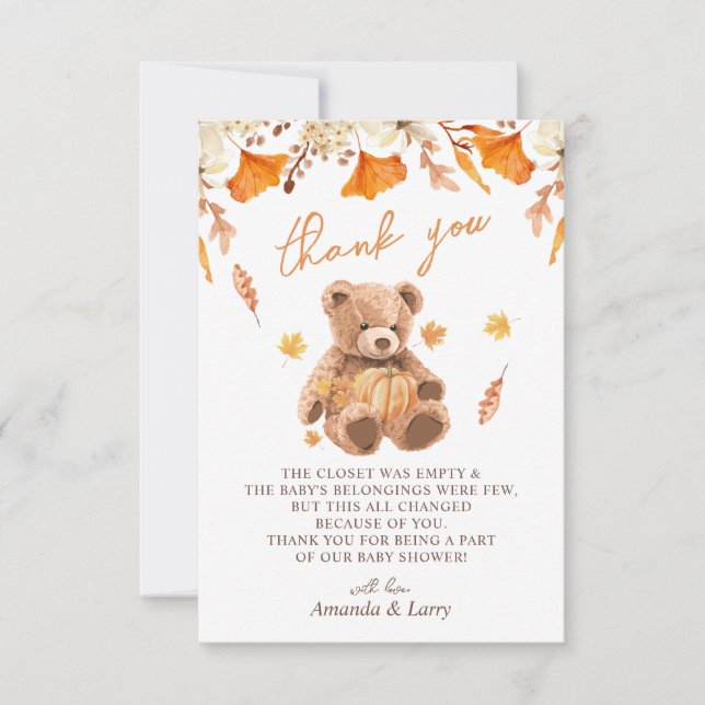 Fall Teddy Bear Baby Shower Thank You Card (Front)