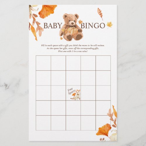 Fall Teddy Bear BINGO Baby Shower Game Flyer