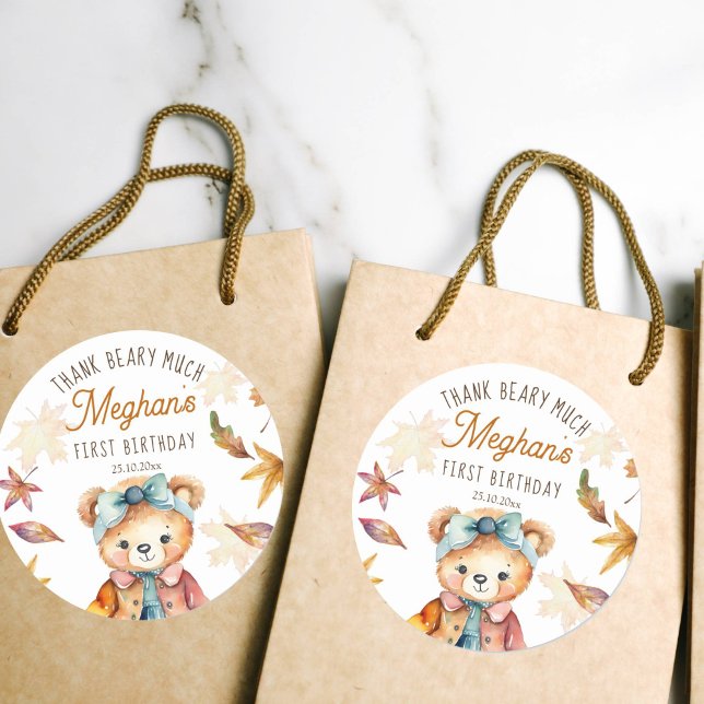 Fall teddy bear birthday party thank you favor classic round sticker (Teddy bear birthday favor gift thank you stickers cute girl teddy with a bow thank you beary much)