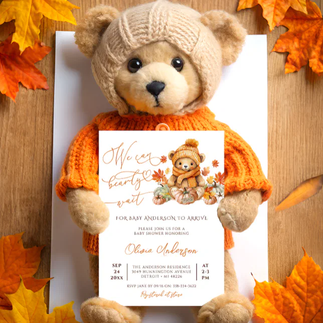 Fall Teddy Bear We Can Bearly Wait Baby Shower Invitation | Zazzle