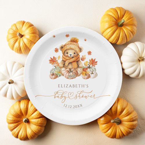 Fall Teddy Bear with Pumpkins Baby Shower Paper Plates