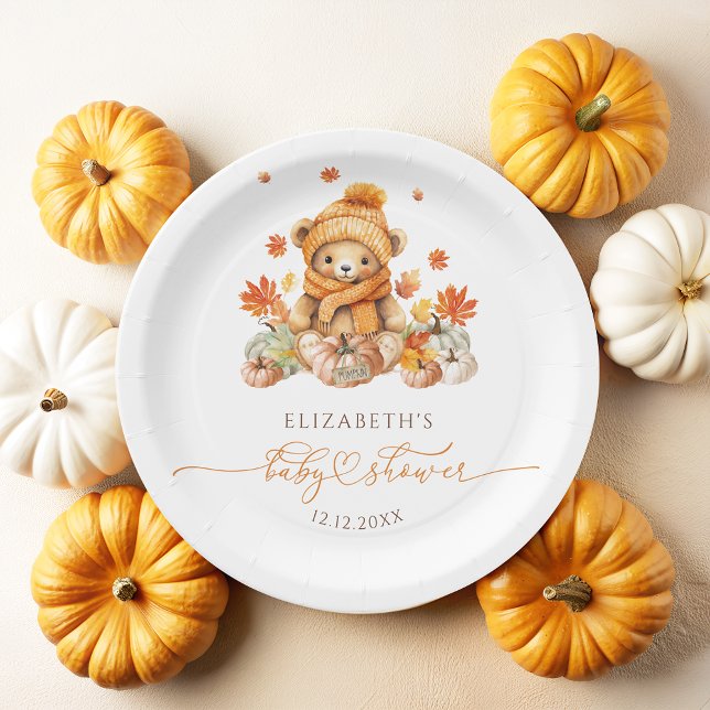Fall Teddy Bear with Pumpkins Baby Shower Paper Plates (Creator Uploaded)