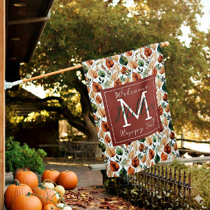 Fall terra cotta and sage leaves pattern monogram house flag