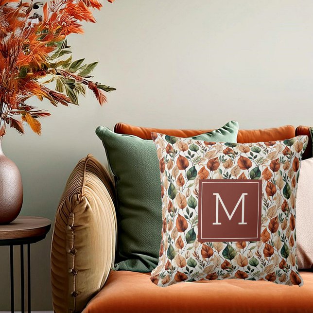 Fall terra cotta and sage leaves pattern monogram throw pillow (Creator Uploaded)