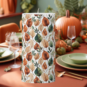 Fall terra cotta and sage leaves pattern pillar candle