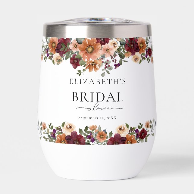 Fall Terracotta Burgundy Floral Bridal Shower Thermal Wine Tumbler (Front)