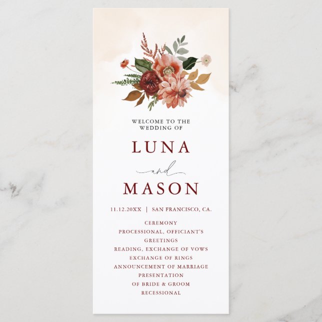 Fall Terracotta Burgundy Floral Wedding  Program (Front)