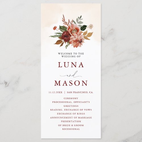 Fall Terracotta Burgundy Floral Wedding  Program