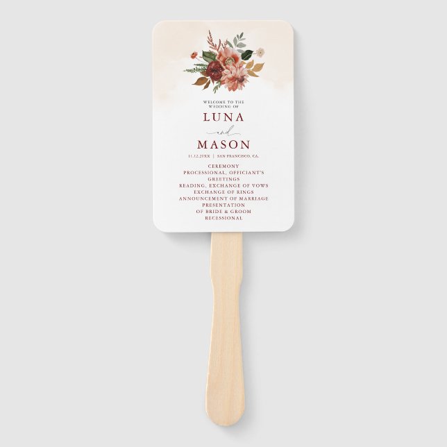 Fall Terracotta Burgundy Floral Wedding Program Hand Fan (Front)