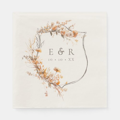 Fall Terracotta Floral Crest Monogram Wedding Napkins