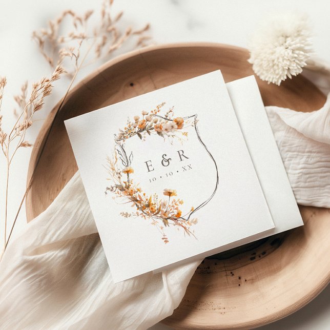 Fall Terracotta Floral Crest Monogram Wedding Napkins (Creator Uploaded)