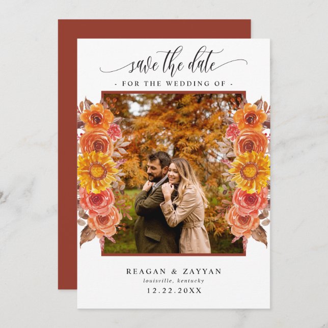 Fall Terracotta Floral Photo Save The Date (Front/Back)