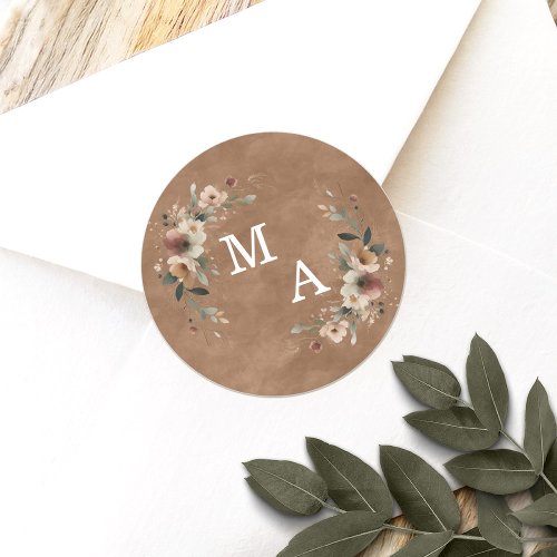Fall Terracotta Floral Wreath Wedding Monogram Classic Round Sticker