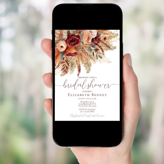 Fall Terracotta Florals Pampas Grass Bridal Shower Invitation (Front Digital)