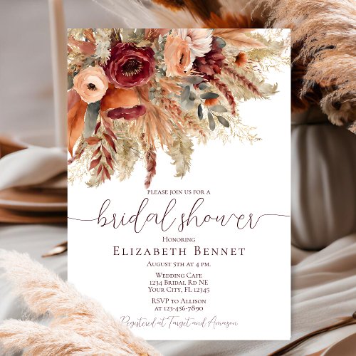 Fall Terracotta Florals Pampas Grass Bridal Shower Invitation