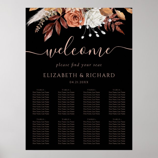 Fall Terracotta Flower Black Wedding Seating Chart (Front)