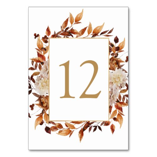 Fall Terracotta Leaves Botancial Wedding Table Number