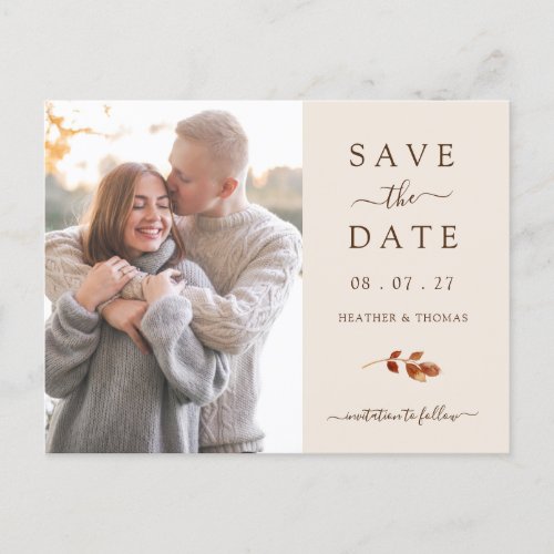 Fall Terracotta Leaves Wedding Photo Save The Date Announcement Postcard