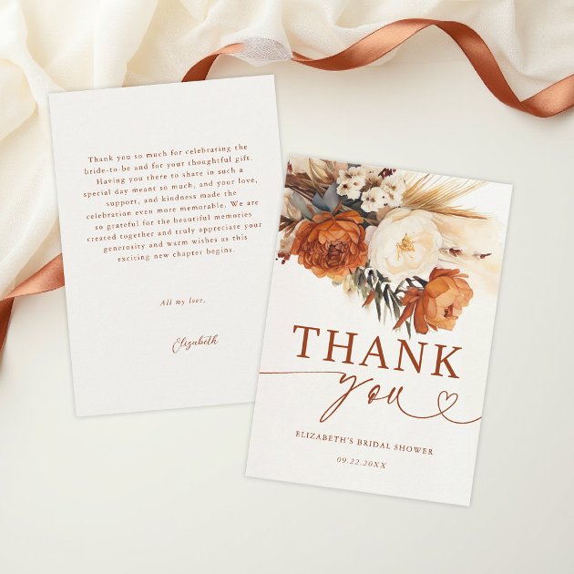 Fall Terracotta Pampas Boho Floral Bridal Shower Thank You Card — Pencil Owl Studios