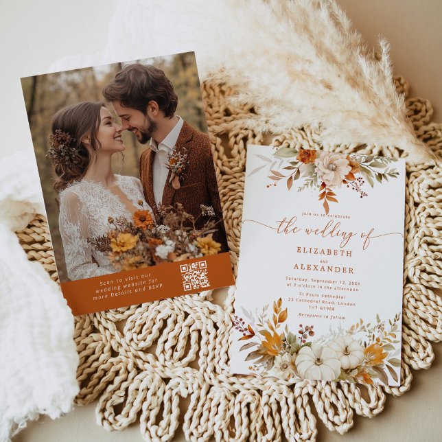 Fall terracotta Photo elegant QR code wedding Invitation (Creator Uploaded)