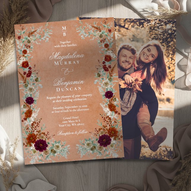 Fall Terracotta Rust Sage Florals Photo Wedding  Foil Invitation (Creator Uploaded)