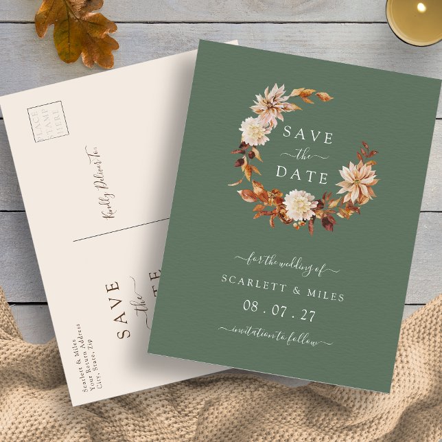 Fall Terracotta Wreath Wedding Save the Dates Anno Announcement Postcard (Fall Terracotta Wreath Wedding Save the Dates Announcement Postcard by Painted Paperie
)