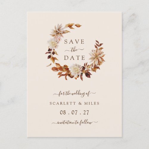 Fall Terracotta Wreath Wedding Save the Dates Announcement Postcard