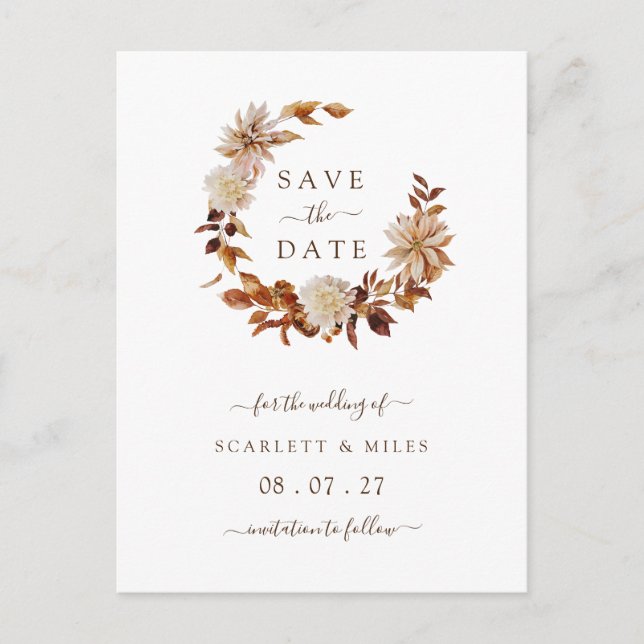 Fall Terracotta Wreath Wedding Save the Dates Announcement Postcard (Front)