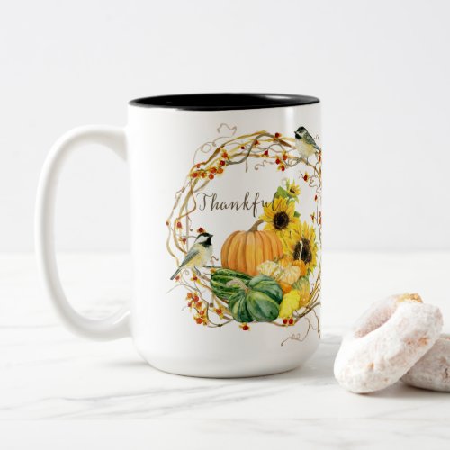 Fall Thankful Sunflower Floral Pumpkin Watercolor Two_Tone Coffee Mug